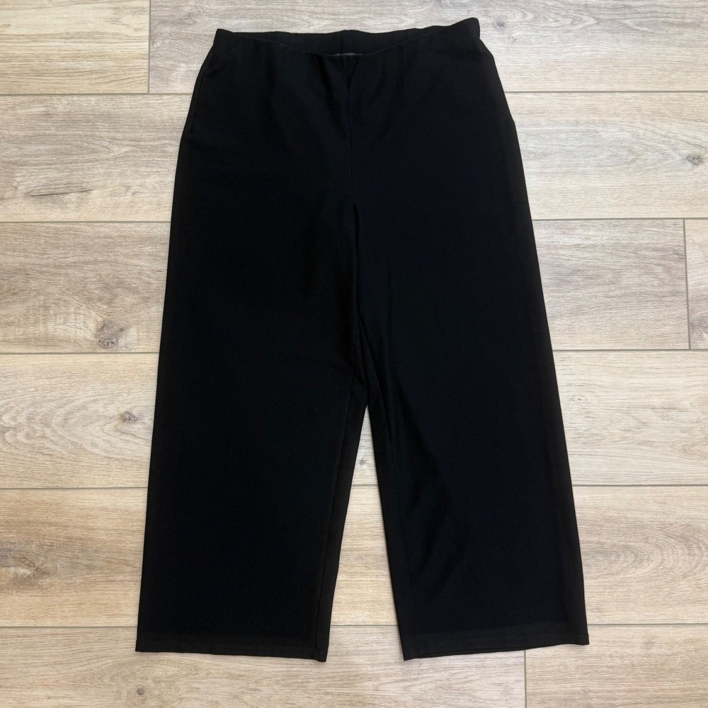 Eileen Fisher Black Wide Leg Cropped Pull On Stretch Crepe Pants Womens M